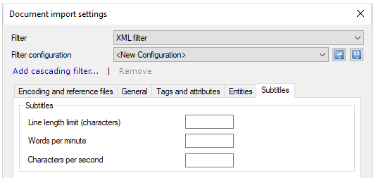 Document import settings window showing filter and filter configuration dropdowns, Add cascading filter clickable link, and Subtitles tab with Line length limit in characters, Words per minute, and Characters per second fields to fill in.