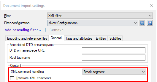 Document import settings window showing filter and filter configuration dropdowns, Add cascading filter clickable link, General tab with Associated DTD or namespace, and part of the Content section options.