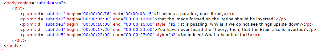 XML attributes example, with xml:id, begin and end attribute presented.