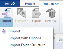 文書タブでインポートオプション（インポート、オプションを設定してインポート、フォルダ構造をインポート）を表示しています。
