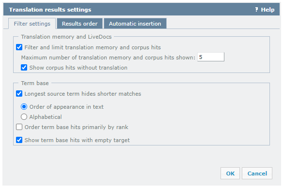翻訳結果設定ウィンドウでフィルタ設定タブが開き、翻訳メモリ、ライブ文書、用語ベースオプションから選択。下にはOKとキャンセルボタンがあります。