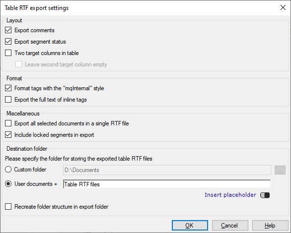 Einstellungen für den Spalten-RTF-Export