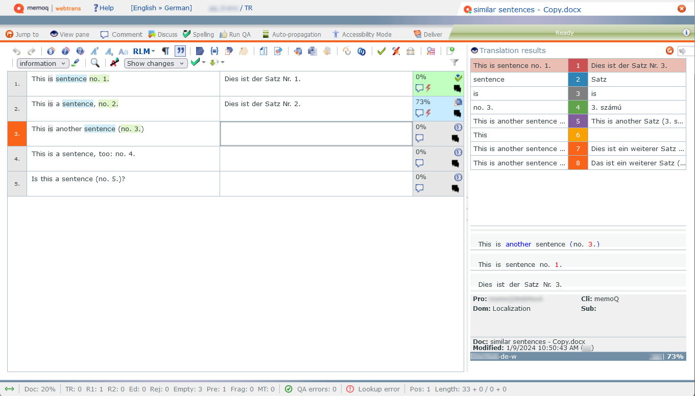 Translation editor window showing translation grid with source and target columns, view pane, translation results, and all possible buttons above the translation grid to edit your translation.