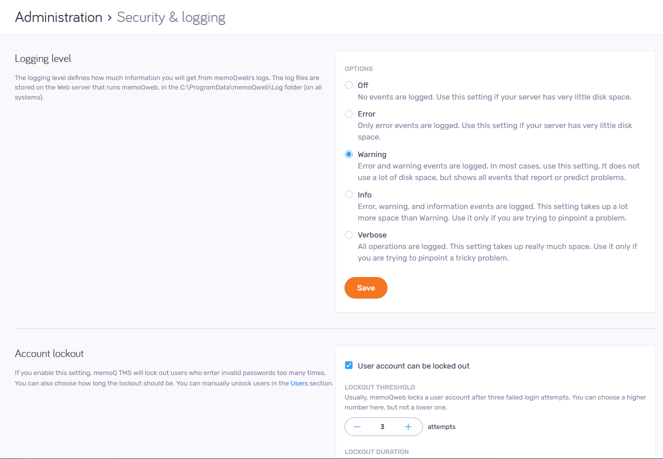 Security and logging window showing Logging level and account Lockout sections with available options.