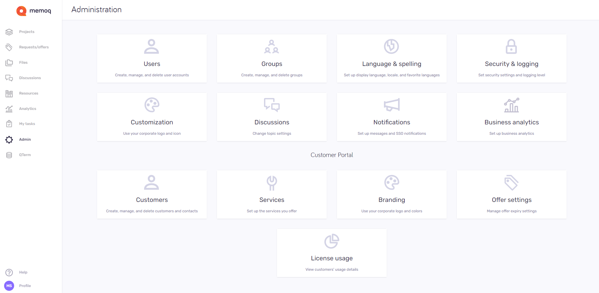 Administration panel showing option tiles for memoQweb and customer portal settings.