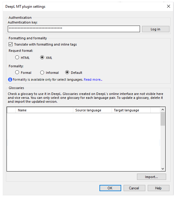DeepL Pop-up-Fenster zur Eingabe des Authentifizierungsschlüssels, Auswahl von Anredeform und Formatierung und für Glossar-Optionen.
