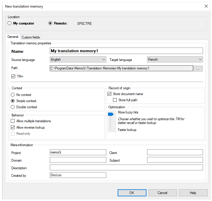 Fenster "Neues Translation Memory", wenn der memoQ-Server ausgewählt ist, mit geöffneter Registerkarte "Speicherort" und "Allgemein" mit allen Optionen: Translation-Memory-Eigenschaften, Inhalt, Ursprünglicher Datensatz, Verhalten, Optimierung und Meta-Informationen. Unten sind drei Schaltflächen: OK, Abbrechen und Hilfe.