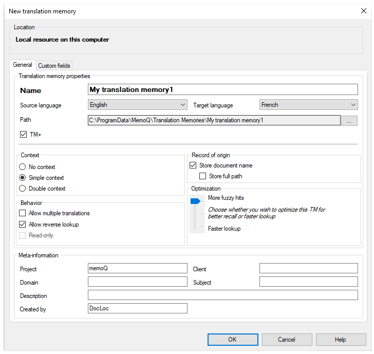 Fenster "Neues Translation Memory" mit geöffneter Registerkarte "Speicherort" und "Allgemein" mit allen Optionen: Translation-Memory-Eigenschaften, Inhalt, Ursprünglicher Datensatz, Verhalten, Optimierung und Meta-Informationen. Unten sind drei Schaltflächen: OK, Abbrechen und Hilfe.