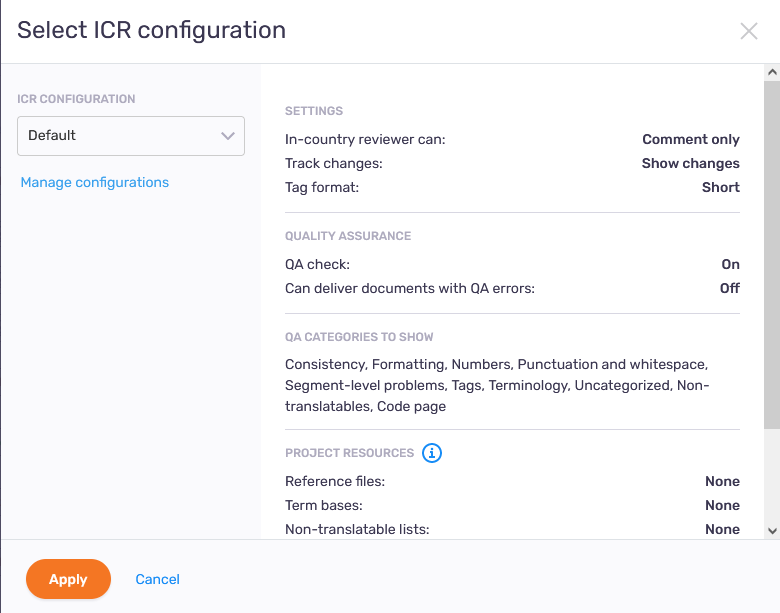 ICR構成の選択ウィンドウではICR構成のドロップダウンから選択することができ、その下に構成の管理リンクがあり、左下には適用とキャンセルのボタンがあります。