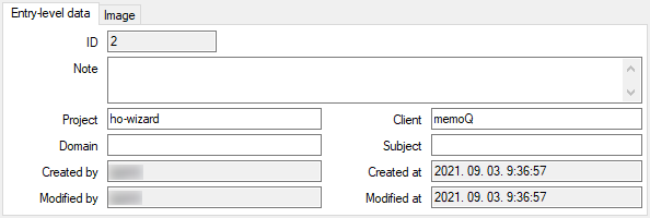 用語ベースエントリの作成ウィンドウのエントリィレベルタブに、id、メモ、プロジェクト、ドメイン、作成者、変更者、クライアント、サブジェクト、作成日、変更日フィールドが表示されます。