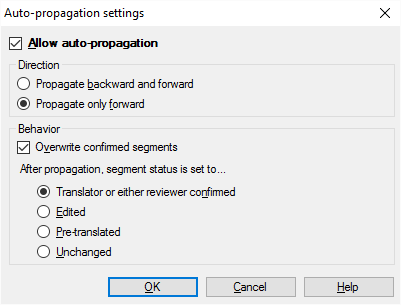 Fenster "Auto-Propagationseinstellungen" zur Auswahl der Richtung und des Verhaltens. 