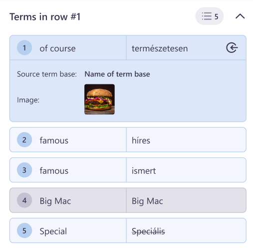 The Terms in row section showing all the terms selected for this specific row with all the important metadata.