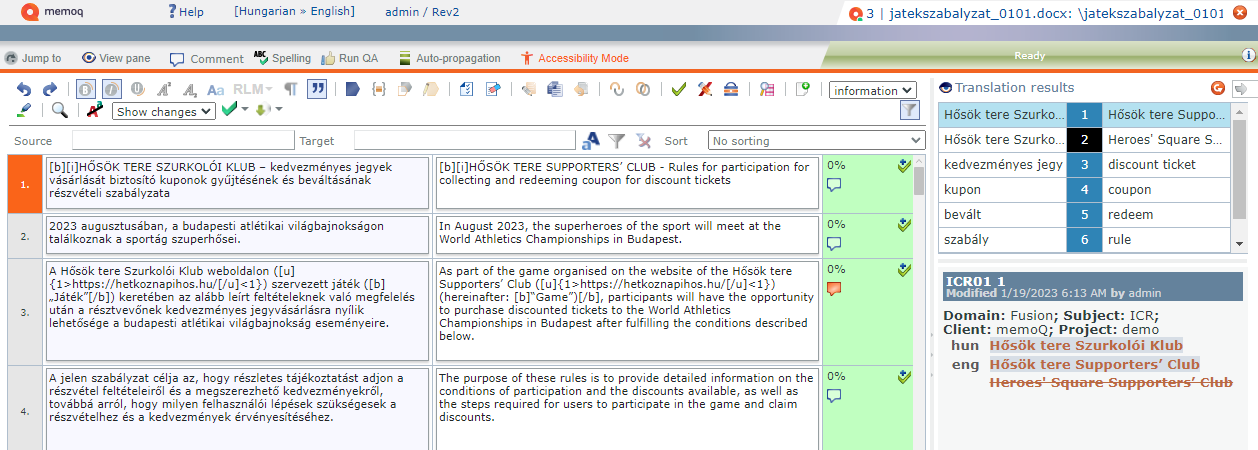 webTrans translation editor with accessibility mode on showing all the buttons you can use during translation as well as the grid with slightly modified segments.