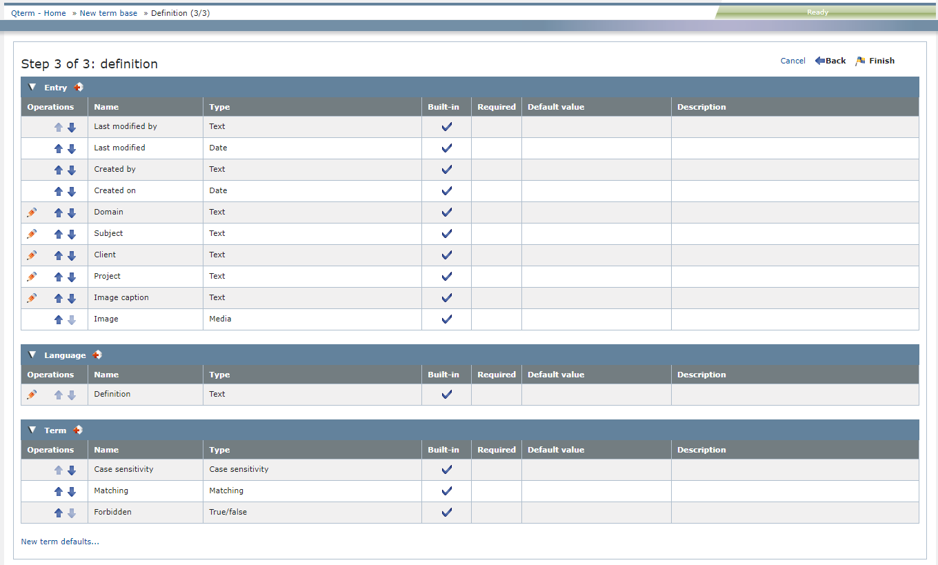 Definition page of Qterm's New term base wizard showing entry-level, language-level, and term-level fields all expanded. The fields table has 7 columns: operations, name, type, built-in, required, default value, and description.