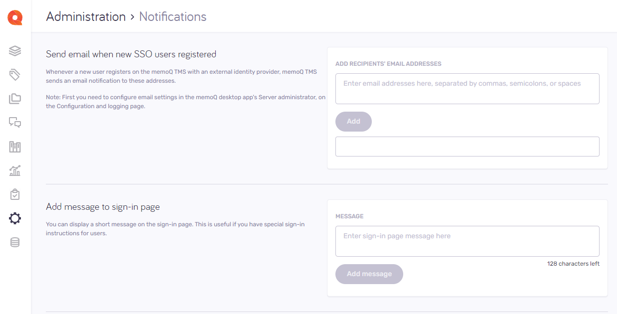 Notifications screen showing functional icons available for admnistrators on the left. In the center, there are two options (Send email when new SSO users registered and Add message to sing-in page) out of four that user can use in this section.