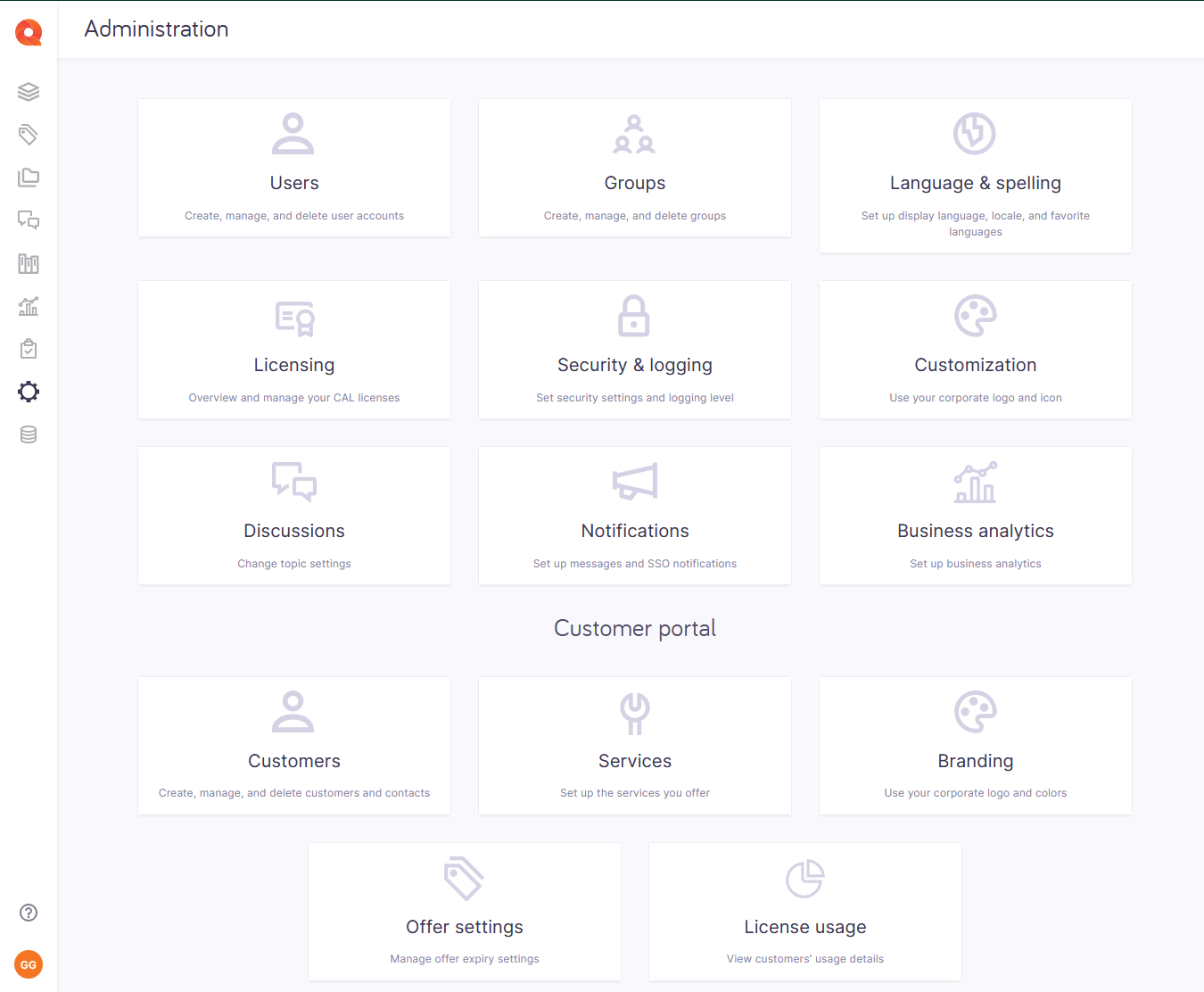 Administration panel showing option tiles for memoQweb and customer portal settings.