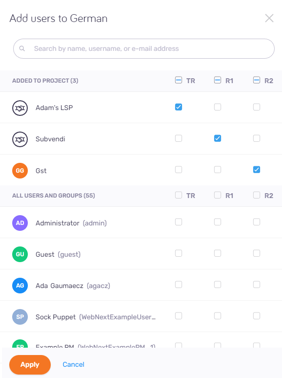 Modify languages or roles section of the People tab showing users added to the project (with their roles), all users and groups that can be added to the project, and roles that you can assign them to. At the bottom, there are Apply and Cancel buttons.