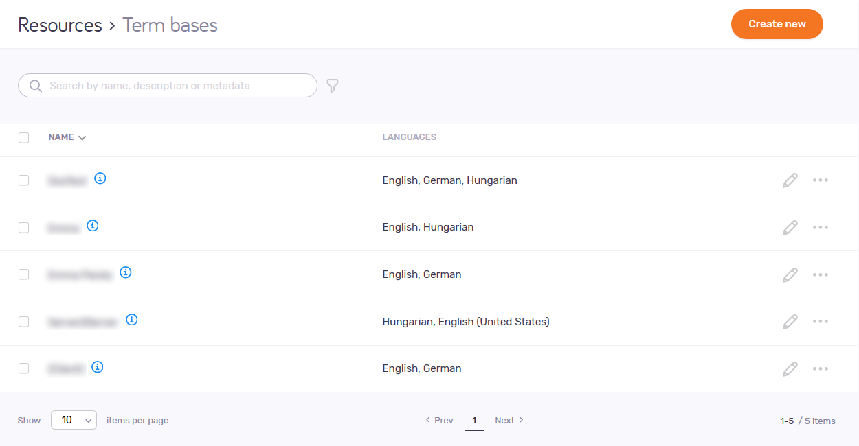 Term bases subpage of the Resources page. On the right-hand side, there's an orange button saying Create new; below there are the search field and filter icon. Below, there's a list of available term bases (names, languages, edit icon, and more options icon).