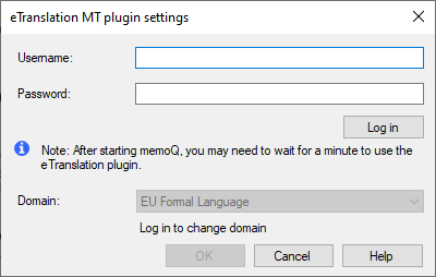 Pop-up-Fenster "Anmeldung" für das eTranslation-Plugin mit der Option zum Domänenwechsel.