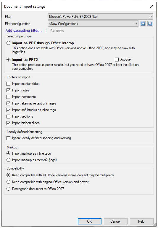 Einstellungen für Dokumentenimport für Microsoft PowerPoint 97–2003-Dateien mit Dropdown-Listen zur Auswahl von Filter und Filterkonfiguration, klickbarem Link "Filterverkettung hinzufügen", Importart auswählen, Zu importierender Inhalt, lokal definierte Formatierung, Markup und Kompatibilitätsoptionen. Unten sind Schaltflächen "OK", "Abbrechen" und "Hilfe".