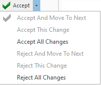 Schaltfläche "Akzeptieren", die eine Dropdown-Liste mit verfügbaren Optionen anzeigt: Annehmen und weiter, Diese Änderung annehmen, Alle Änderungen annehmen, Ablehnen und weiter, Diese Änderung ablehnen, Alle Änderungen ablehnen.