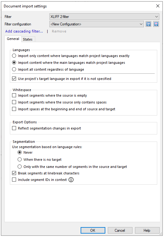 Fenster „Einstellungen für Dokumentenimport“ mit ausgewähltem Xliff 2-Filter und geöffneter Registerkarte „Allgemein“. Unterhalb der Registerkarte sind die Optionen Sprachen, Leerraum, Exportoptionen und Segmentierung zu sehen. Links unten die Schaltflächen OK, Abbrechen und Hilfe.