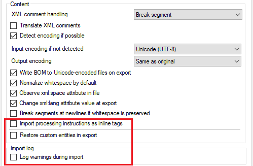 Unterabschnitt "Inhalt" mit Kontrollkästchen "Verarbeitungsanweisungen als Inline-Tags importieren" und "Benutzerdefinierte Entitäten bei Export wiederherstellen" sowie Abschnitt "Importprotokoll" mit Schaltfläche "Warnungen beim Import protokollieren".