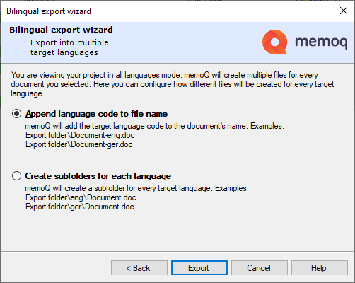 複数言語でファイルをエクスポートするための2つのラジオボタンを表示するバイリンガルエクスポートウィザード：ファイル名に言語コードを追加し、各言語のサブフォルダを作成。戻る、エクスポート、キャンセル、ヘルプの各ボタンは、表の下部にあります。
