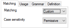 用語ベースエントリの作成ウィンドウの一致タブに、一致オプションと大文字と小文字を区別オプションのドロップダウンが表示。
