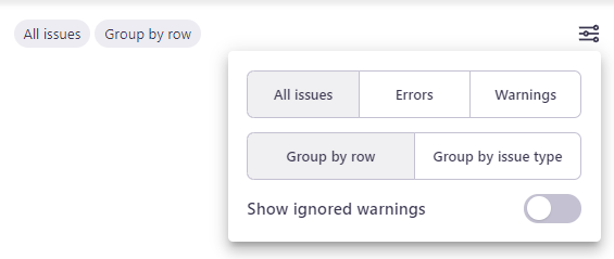 表示オプションアイコンの隣に、選択されたグループ化オプションが表示されています。その下の最初の行には、すべての問題、エラー、警告ボタンがあります。2行目には、行ごとにグループ化と問題タイプごとにグループ化オプションがあります。一番下には、無視された警告を表示するトグルボタンがあります。