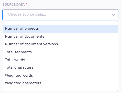 ソースデータのドロップダウンリストでは、利用可能なオプションがすべて表示されます：プロジェクト数、ドキュメント数、ドキュメントバージョン数、総セグメント数、総単語数、加重単語数、加重文字数。