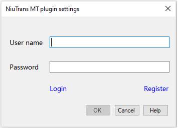 NiuTrans MTプラグインログインウィンドウにログインまたは登録オプションが表示。
