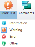 テキストをマークボタンのドロップダウンメニューで利用可能なオプションが表示されています：情報、警告、エラー、その他。