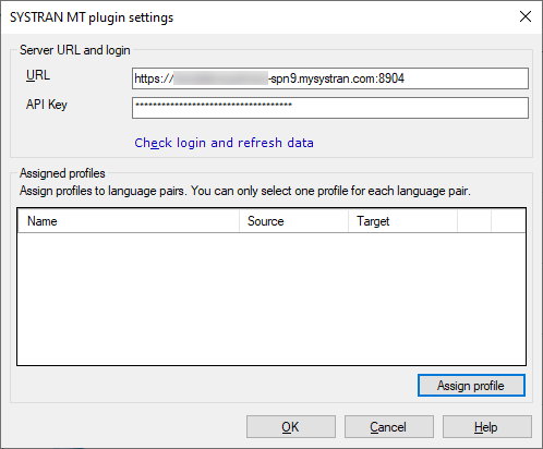 Systran MT プラグイン設定ウィンドウに挿入するURLとAPIキー、およびプロファイルに割り当てる言語が表示されます。