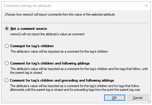 Fenster "Kommentareinstellungen für Attribute" mit Optionsfeldern: Keine Kommentarquelle, Kommentar für Tags der Child-Elemente, Kommentar für Tags der Child-Elemente und der nachkommenden gleichrangigen Tags, Kommentar für Child-Elemente und die vorangehenden und nachkommenden Geschwisterelemente.