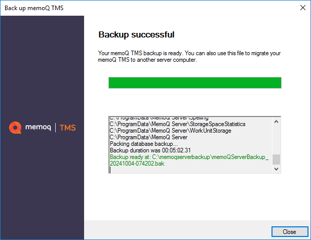 Success window in the deployment tool after backup finished