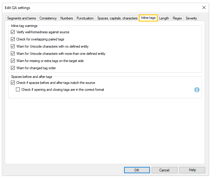 Registerkarte mit Optionen für Inline-Tag-Warnungen und Leerzeichen vor und nach Tags. 