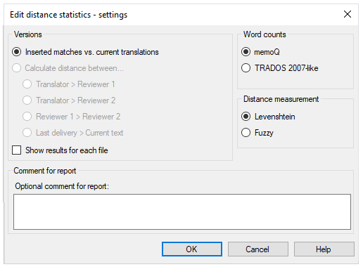 Fenster "Abstandsstatistiken - Einstellungen" mit Versionen, Wortzahl, Abstandsmessung und Kommentaren von Berichtsabschnitten. Unten rechts sind die Schaltflächen OK, Abbrechen und Hilfe.
