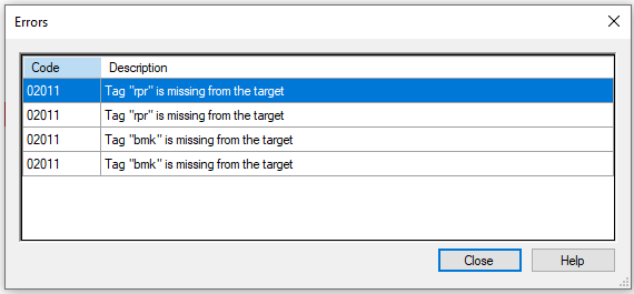 Fenster "Fehler", das fehlende Tag-Codes und Beschreibungen zeigt.