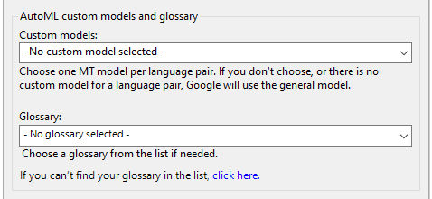 Benutzerdefinierte AutoML-Modelle und -Glossare mit Dropdown-Listen für benutzerdefinierte Modelle und "Click here"-Link zum Erstellen Ihres Glossars.