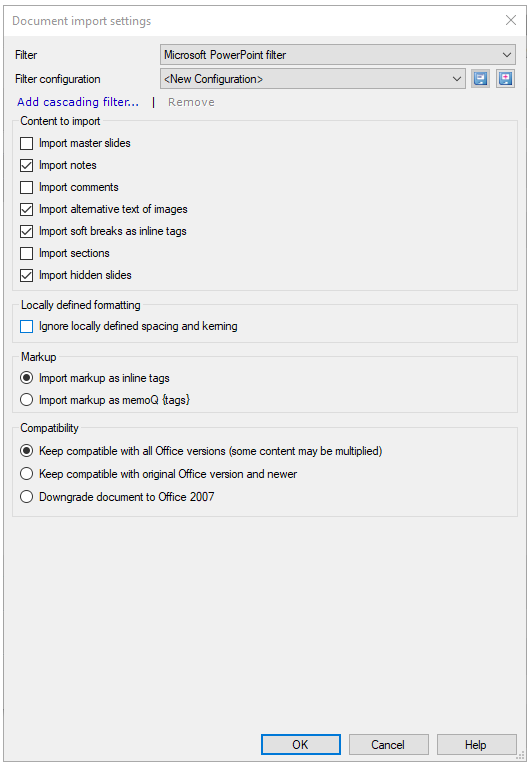 Einstellungen für Dokumentenimport für Microsoft PowerPoint-Dateien mit Dropdown-Listen zur Auswahl von Filter und Filterkonfiguration, Importart auswählen, Zu importierender Inhalt, lokal definierte Formatierung, Markup und Kompatibilitätsoptionen.