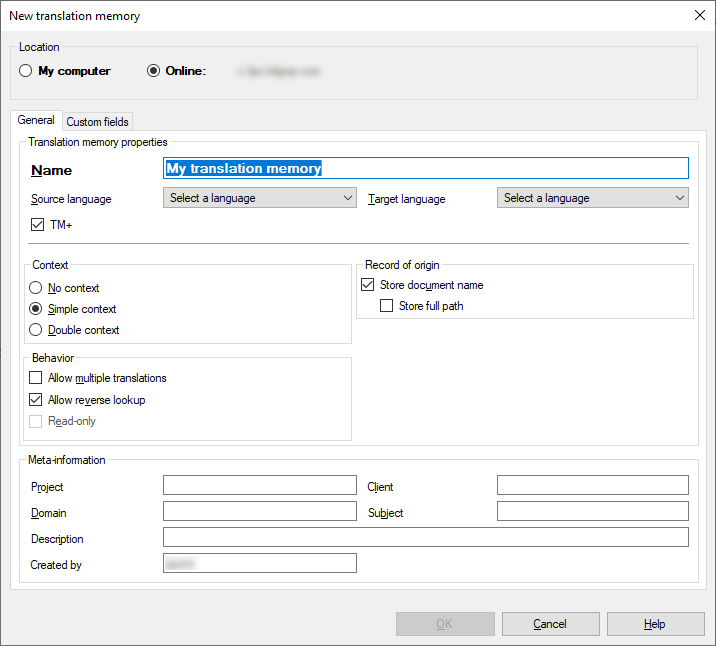 New translation memory window when the memoQ server is selected showing the Location and General tab open with all its options: Translation memory properties, content, record of origin, behavior, optimization, and meta-information. At the bottom are three buttons: OK, Cancel, and Help.