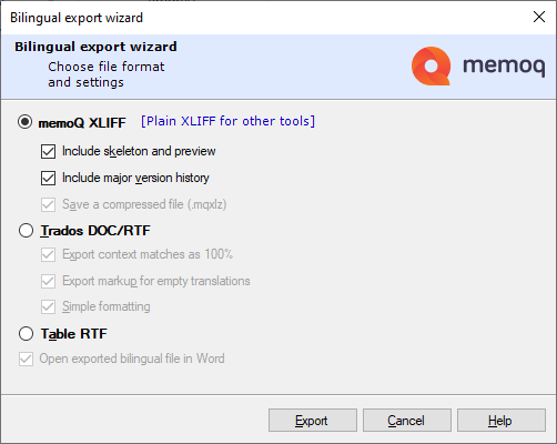 memoQ XLIFF (他のツール用にはプレーンXLIFF)、Trados doc/rtf、または表形式RTFのエクスポートオプションを示すバイリンガルエクスポートウィザードウィンドウ