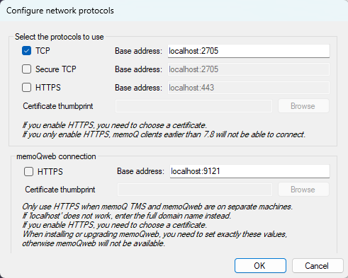 TCPおよびHTTPSプロトコルの設定