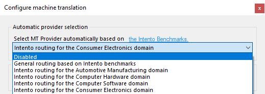 Intentoベンチマークに基づいて自動的にMTプロバイダーを選択ドロップダウンで無効オプションが選択された状態を示すウィンドウ。