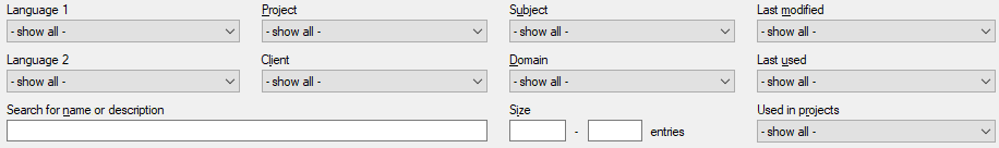 リソースコンソールの一部 - 用語ベースウィンドウには、用語ベースリストのフィルタリングに使用できるフィルタが表示されます。言語1、言語2、プロジェクト、クライアント、サブジェクト、ドメイン、最終更新日、最終使用日、プロジェクトでの使用、名前または説明で検索、サイズ。