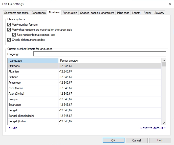 Tab showing options to verify numbers, combinations of letters and numbers, and number formats for different languages.