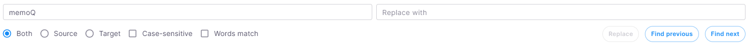Find and replace functionality, showing two fields - find and replace with. Below those fields, there are three radio buttons - Both, Source, and  Target, and two checkboxes - case-sensitive and words match. Next to them are the Replace, Find previous, and Find next buttons.