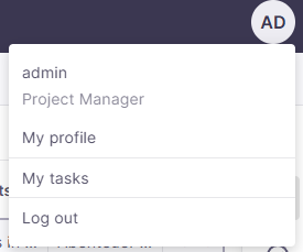 Dropdown showing your role, My profile, My tasks, and Log out buttons.