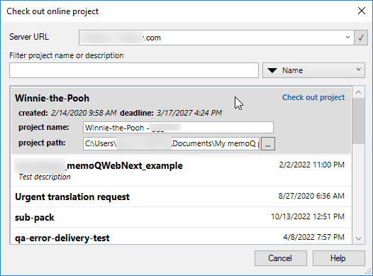 Check out online project window with a list of projects